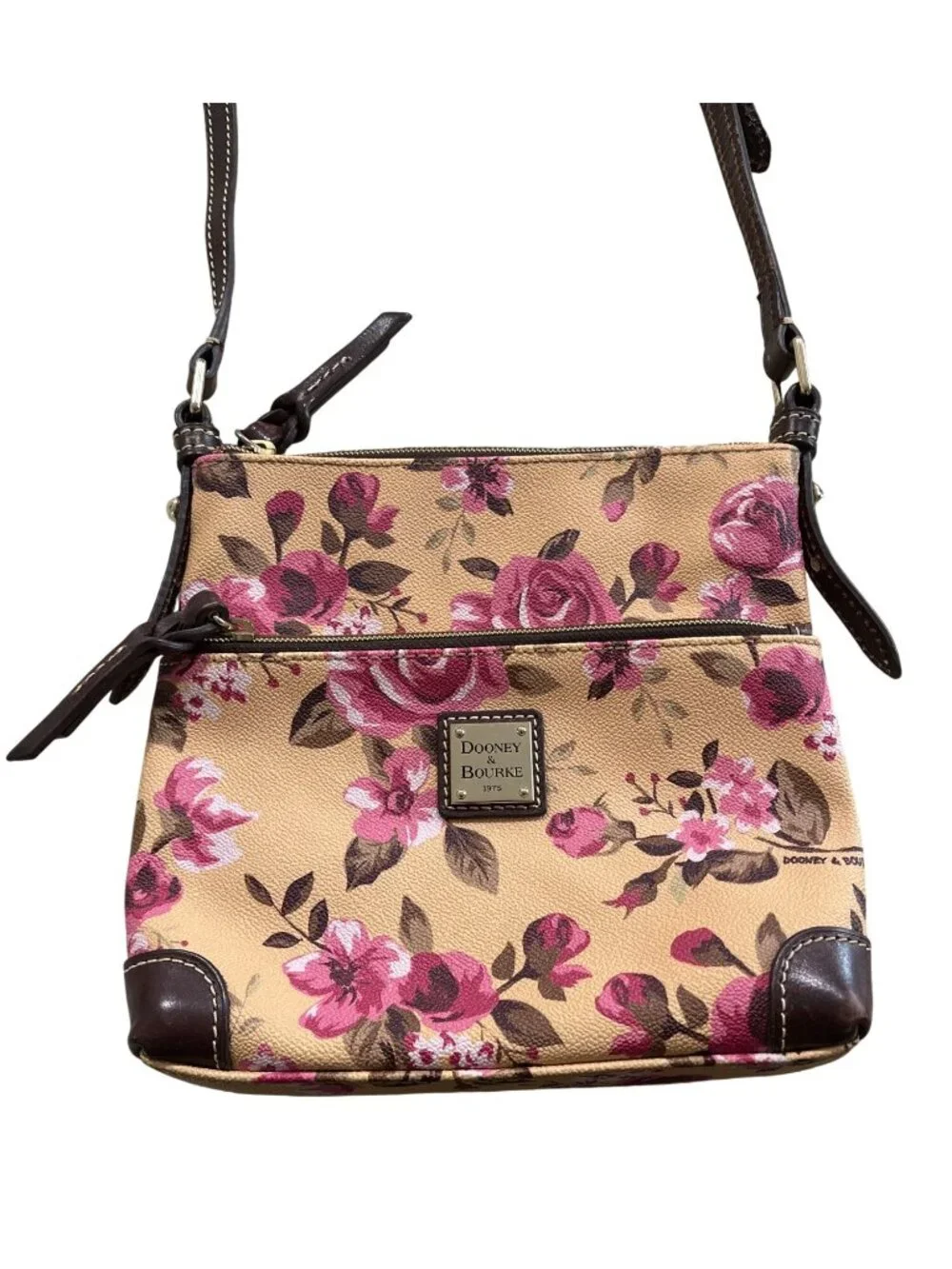 Dooney & Bourke Cabbage Rose Crossbody Bag Floral Carrier Brown-Leather-Trim